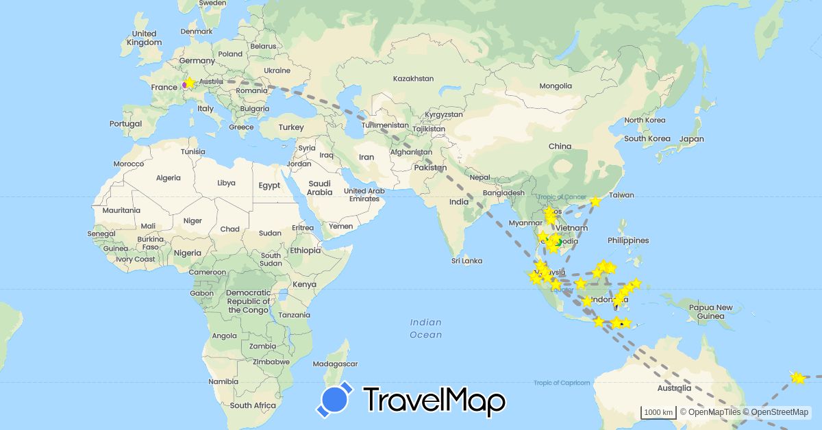 TravelMap itinerary: driving, bus, plane, train, boat in Australia, Brunei, Switzerland, China, France, Indonesia, Cambodia, Laos, Malaysia, New Zealand, Singapore, Thailand (Asia, Europe, Oceania)