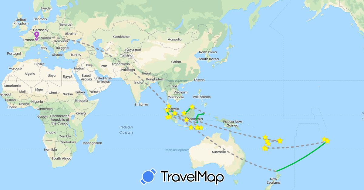TravelMap itinerary: bus, plane, train, boat in Switzerland, Fiji, France, Indonesia, Malaysia, New Zealand, Singapore, Vanuatu (Asia, Europe, Oceania)